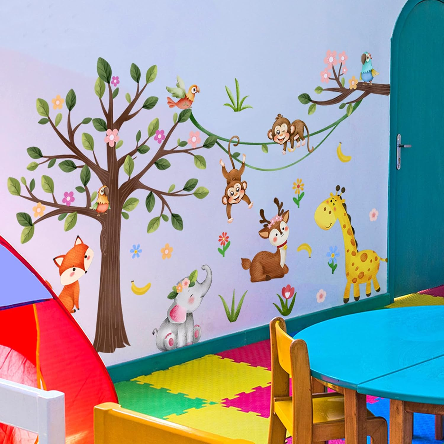 Buziba Wall Stickers Jungle Forest Animals Woodland Tree Monkey Elephant Giraffe Wall Decals Nursery Bedroom Living Room Wall Decoration image number 1