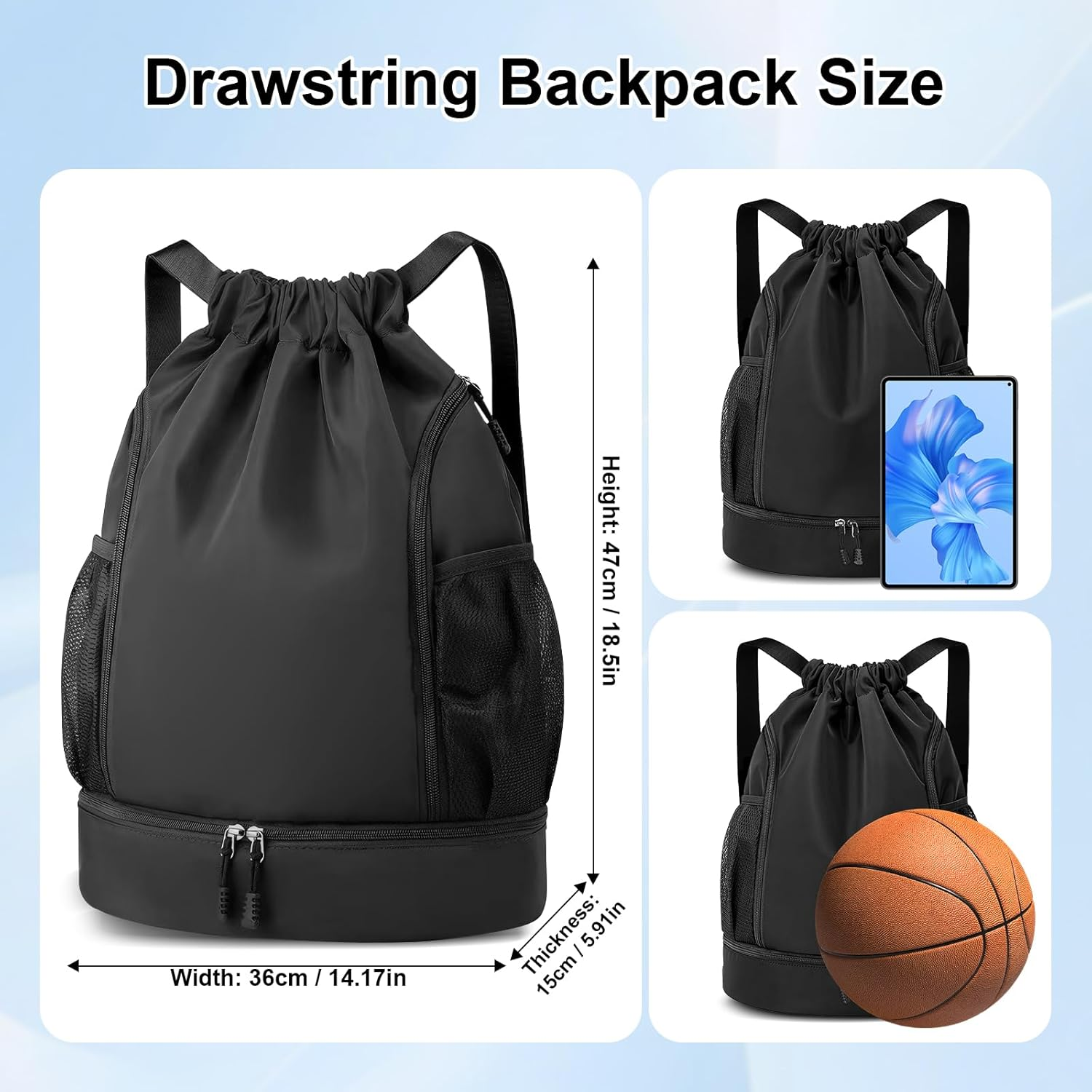 Drawstring Backpack Sports Gym Bag, Water Resistant String Bag Gym Sports Bag, Shoe Compartment Side Mesh Pockets Bulk Cinch Bag for Women Men - Black image number 6
