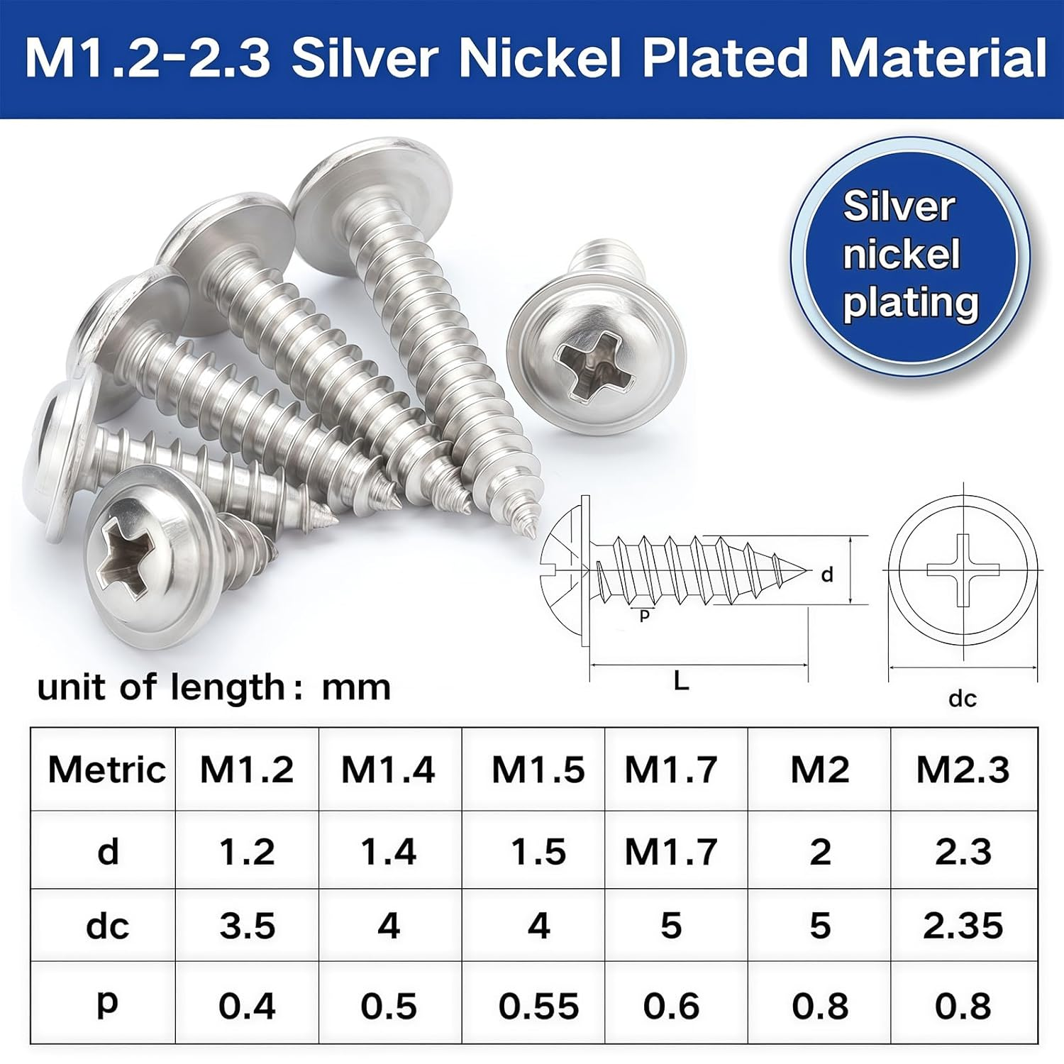 Zmbroll 1200Pcs Silver Phillips Truss Head Self-Tapping Screws M1.2/1.4/1.5/1.7/2/2.3 Wafer Head Wood Screws Pan Head with Washer Tapper Fastener Tiny Screw Micro Screws for Electronic Repair