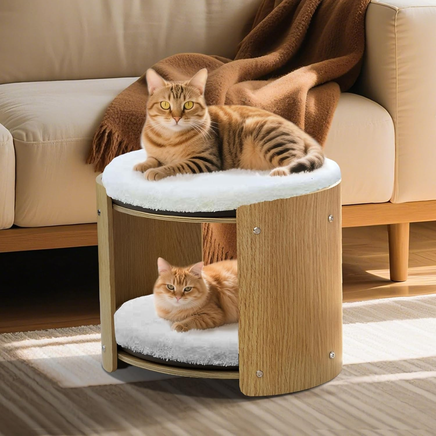 Bingopaw Elevated Cat Bed: 2-Tier Cat Stool for Indoor Cats, Beech Wood Frame Double Kitten Bunk Bed Pet Furniture with Super Soft Plush Mats More Thicker image number 4