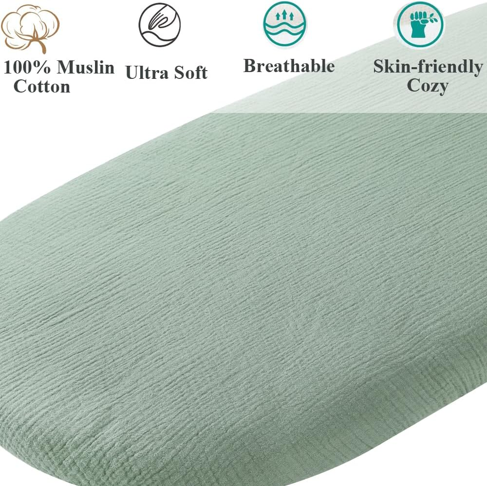 Fadacudan Muslin Bassinet Sheet Compatible with Uppababy Bassinet, 2 Pack Cotton Stylish Boho Fitted Bassinet Sheets Super Soft for Baby Roman Green & Botanical Leaf image number 5
