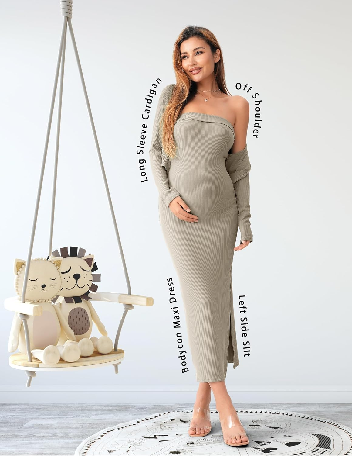 SUNNYBUY Baby Shower Maternity Tube Dress Short Cardigan Bodycon Ribbed Maxi Dress Casual 2 Piece Pregnancy Outfit Set, Taupe, Xx-Large image number 4