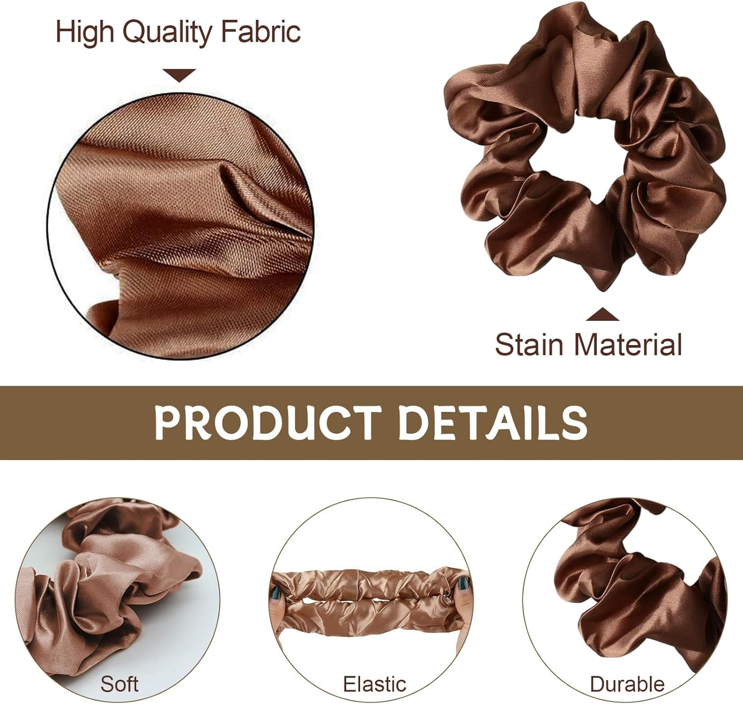 Pack of 18 Elastic Silk Brown Hair Bobbles, Satin Dark Hair Bobbles, Scrunchies Set, 4 Mm Black Stretch Hair Bands, Ponytail, Classic Large Silk Hair Scrunchies for Girls, Mother, Friends image number 4
