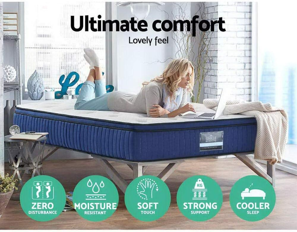 Giselle Bedding Double Mattress Bed Mattresses Cool Gel Memory Foam 34Cm Thickness, with 7-Zone Pocket Spring System and Breathable Euro Top, 5Yrs Warranty, Medium Firm, White + Blue Vacuum Packed image number 2