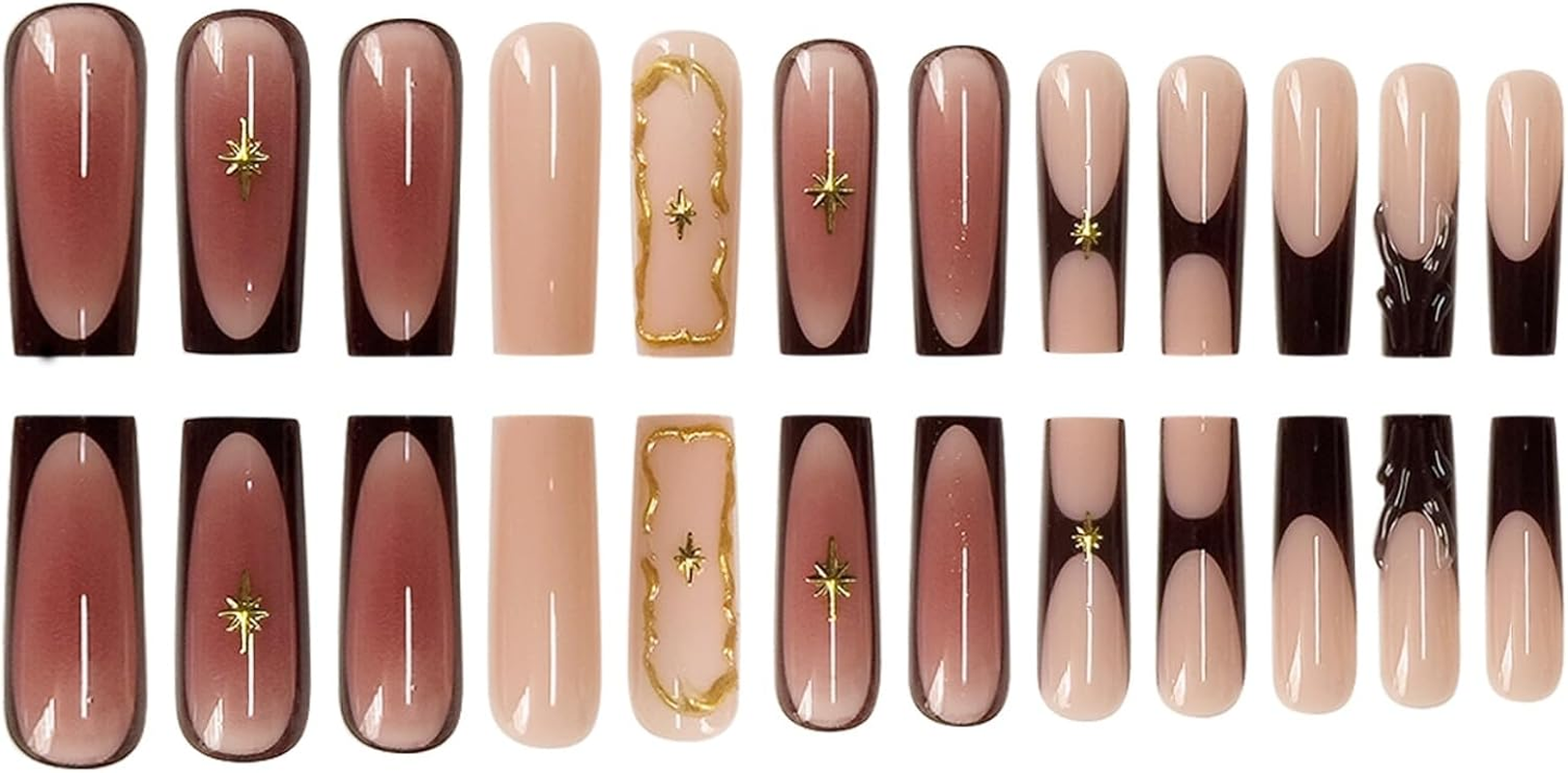 SEENEEY Brown Square Long Fake Nails French Style Extra Long with Gold Charm Designs Acrylic Nails Xl 24PCS image number 1