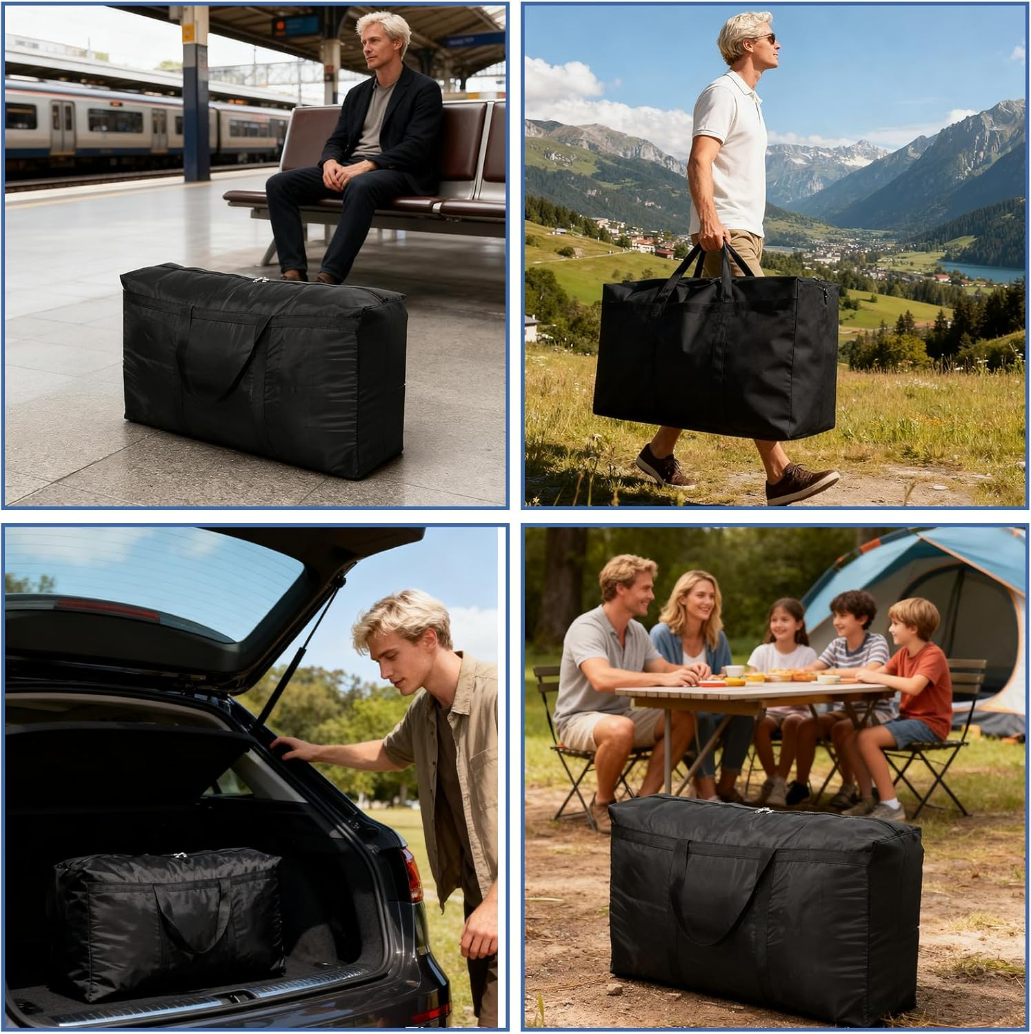 Dntorx Pack of 4 90L Large Storage Bag, Oxford Heavy-Duty Moving Bags, Moving Boxes, Large with Zip, Handle, Travel Bag, Carry Bag for Moving, Camping, Bedding, Clothing, Storage image number 6