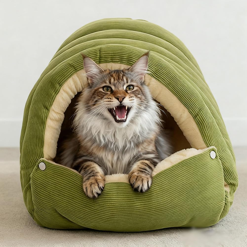 Removable and Washable Winter Closed-Off Cat Bed, Warm Cat Bed for Winter, Cotton Soft Pet Nest for Cats, Warm Cave Nest Sleeping Puppy for Cats & Small Dogs (Green, Large)