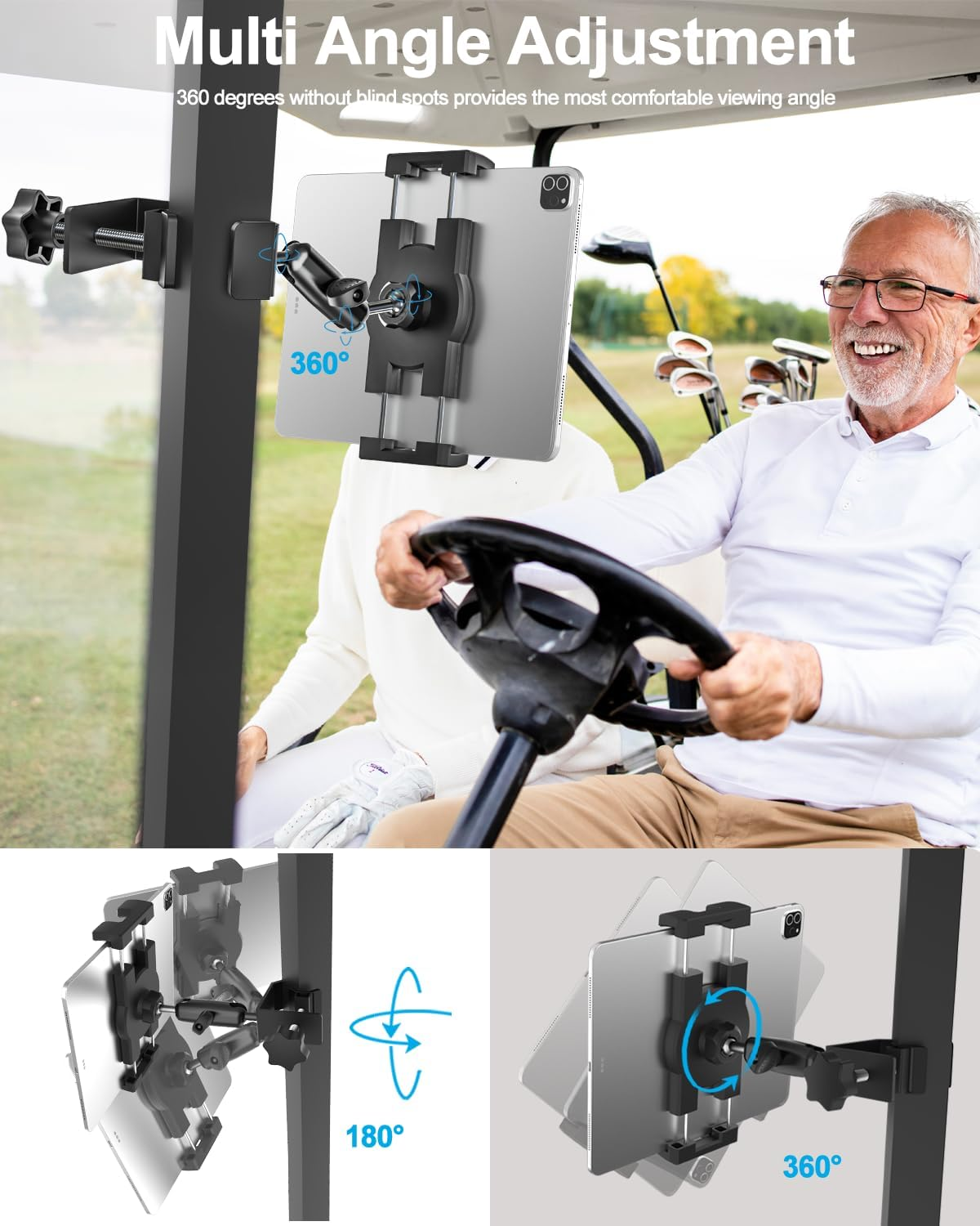 Woleyi Golf Cart Tablet Holder Mount, 360&deg; Adjustable, Metal Wider Clamp Arm for Zgo/Club Car/Yamaha/Other Golf Carts, Compatible with Ipad Pro 12.9/Air/Mini, Iphone, Galaxy Tabs/Z Fold, 4-13" Devices image number 2
