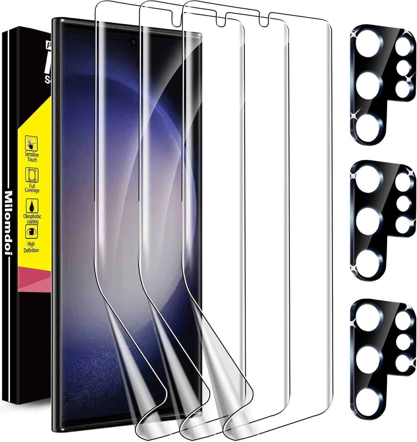 Milomdoi 3 Pack Screen Protector for Apple Iphone 11 Pro Max with 3 Pack Tempered Glass Camera Lens Protector, Ultra 9H Accessories, Case Friendly, Mounting Frame, 2.5D Curved, Transparent