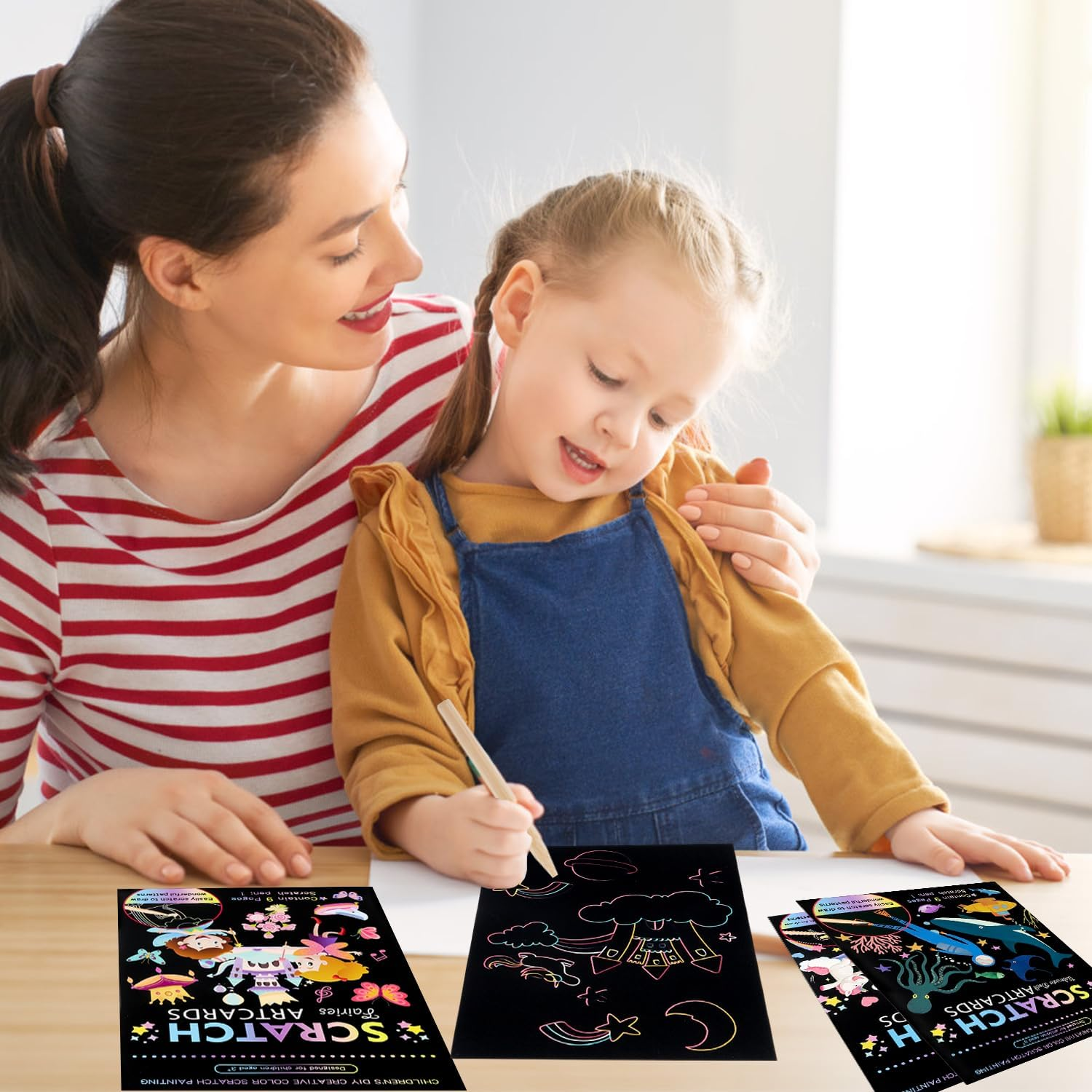 Rayong Set of 3 Scratch Pictures for Children, 18.5 X 13.5 Cm, Magic Rainbow Scratch Paper, Scratch Book, Scratch Paper Set with Colourful Gradient and Scratch Pen, Dinosaurs, Space, Oceans (B) image number 4