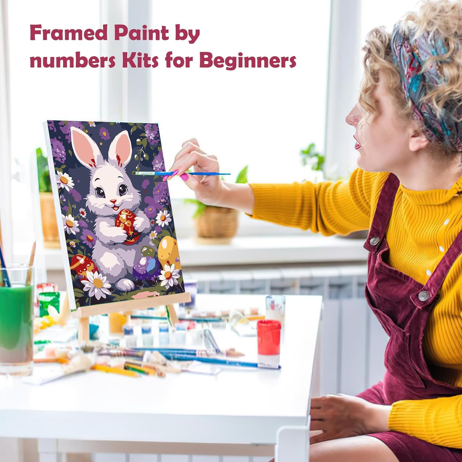 MOGTAA Easter Rabbit Painting by Numbers Adults with Frame, Easter Eggs Painting by Numbers with Wooden Easel, DIY Flower Oil Painting Canvas Set, Acrylic Painting Pictures for Home Decor, 20 X 30 Cm