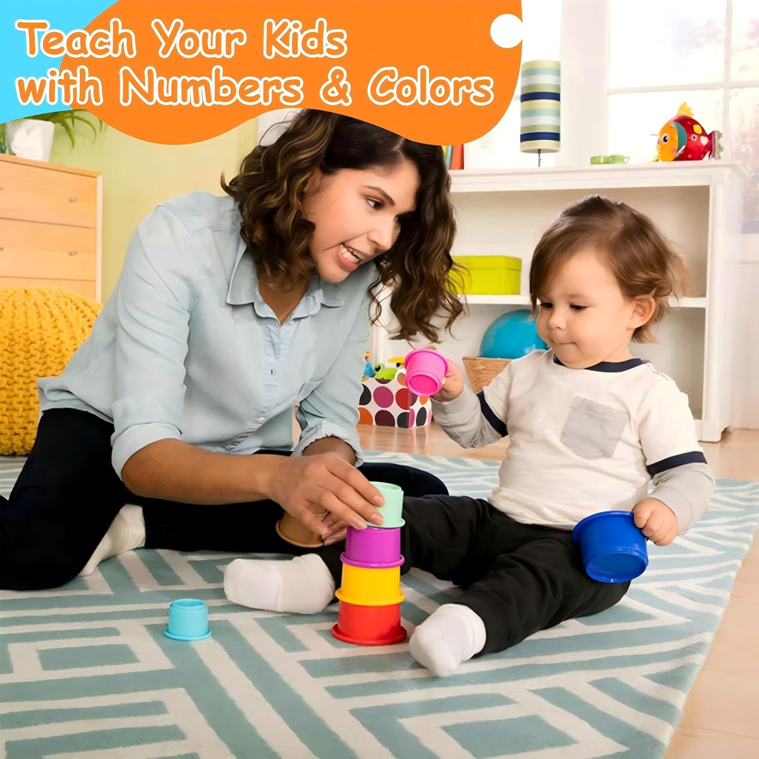 Stacking Cups, Baby Toys for Toddlers 1-3 Year Old Stack and Count, Multicolour Baby Stacking Water Set, Stackable Cup for Learning, Toddler Cups Water Table Toy, Baby Bath Toy (8 Count)