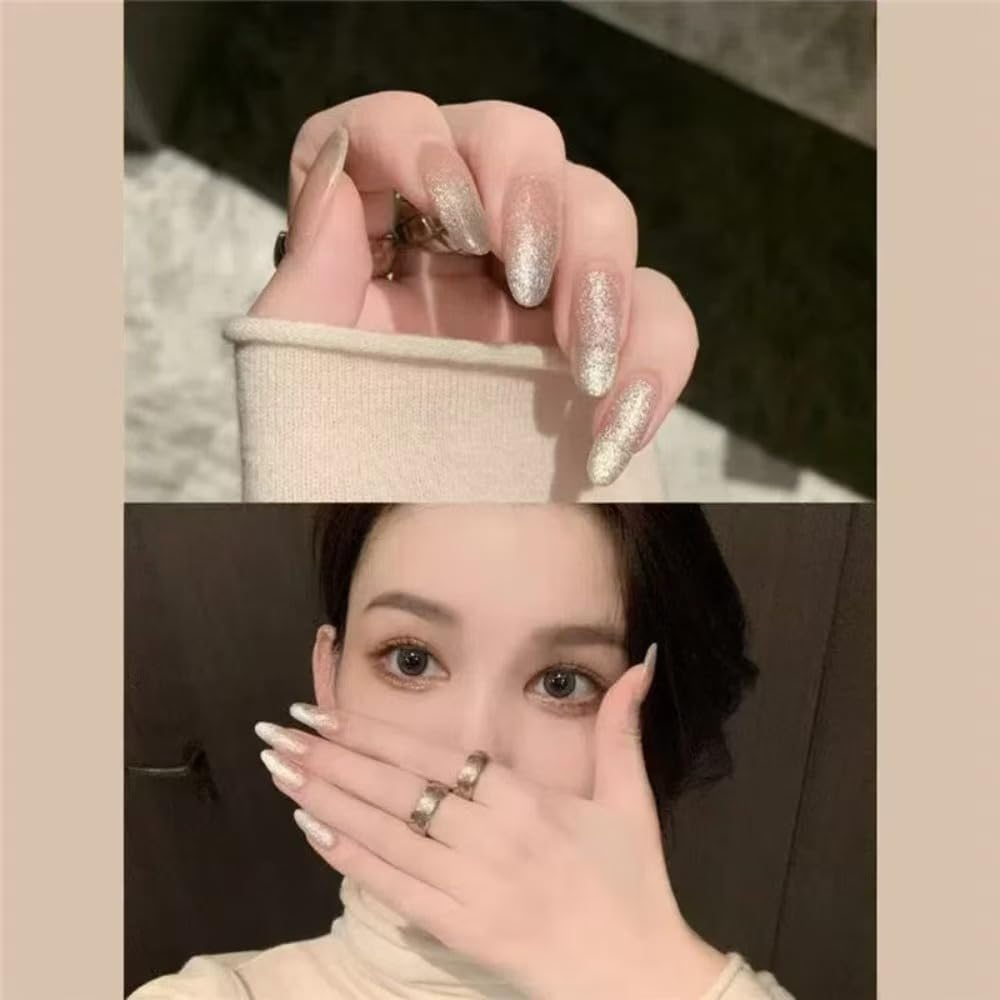 Ztcily False Nails Long Almond White Shiny False Nails French with Glue Accessories or Gift Idea for Christmas New Year Valentine'S Day Wedding image number 2