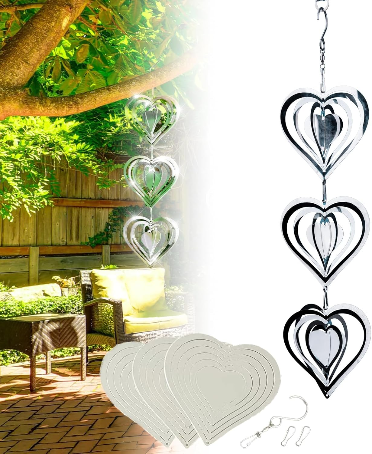Stainless Steel Wind Spinner,3D Silver Indoor Outdoor Garden Decoration Crafts Ornaments,Metal Wind Chimes for outside Decor,Decorations to Scare Away Yard Birds (3Pcs-Heart)