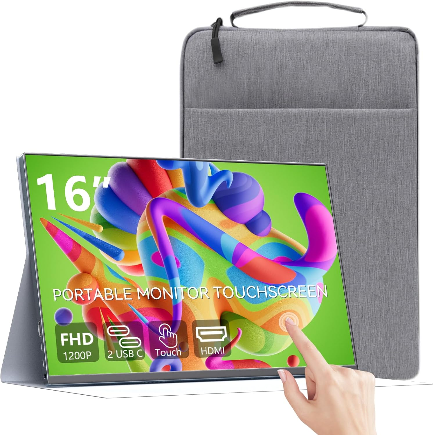 Touchscreen Portable Monitor,16 Inch 1200P Metal Ultra-Thin Portable Display, with Leather Case and Travel Bag Monitor, HDMI USB C External Display, Suitable for Laptop Xbox Switch image number 5