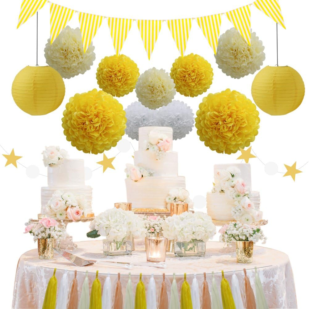 (Yellow) - 33Pcs Party Decoration Supplies Set, Yellow Tissue Paper Pom Poms Flowers Paper Lanterns Tassels Hanging Garland Banner Triangle Flag Bunting for Birthday, Bridal, Baby Shower, Wedding Graduation image number 5