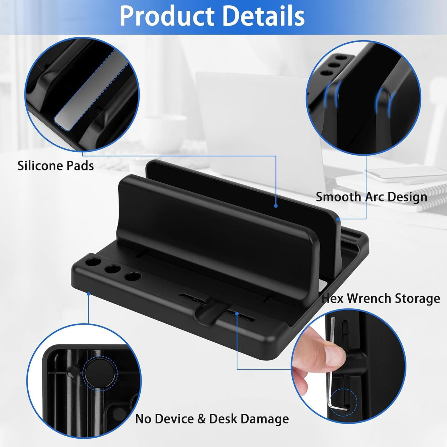 Vertical Laptop Stand Holder, ABS Organizer with Adjustable Dock, 3/4 in 1 Design Extra Storage Space-Saving, Sturdy Laptop Computer Holder for PC, Macbook, Mini PC, Ipad (Black-1 Slot) - Silver-1 Slot image number 4