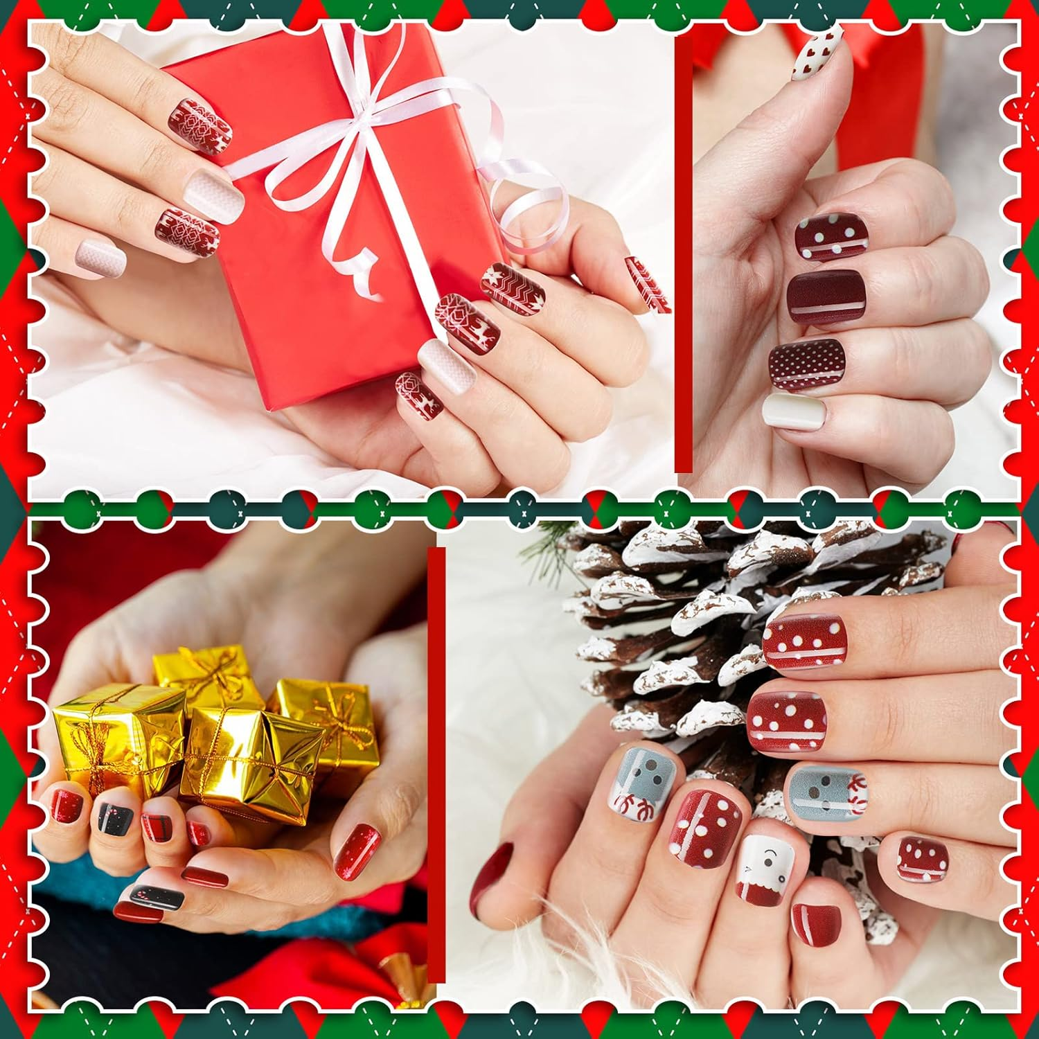 Kacctyen 384Pcs 16Pack Christmas Press on Nails Winter Square Short Red Fake Nails with Santa Elk Snowflake Pattern Glue on for Women Girls(Cute Pattern) image number 2