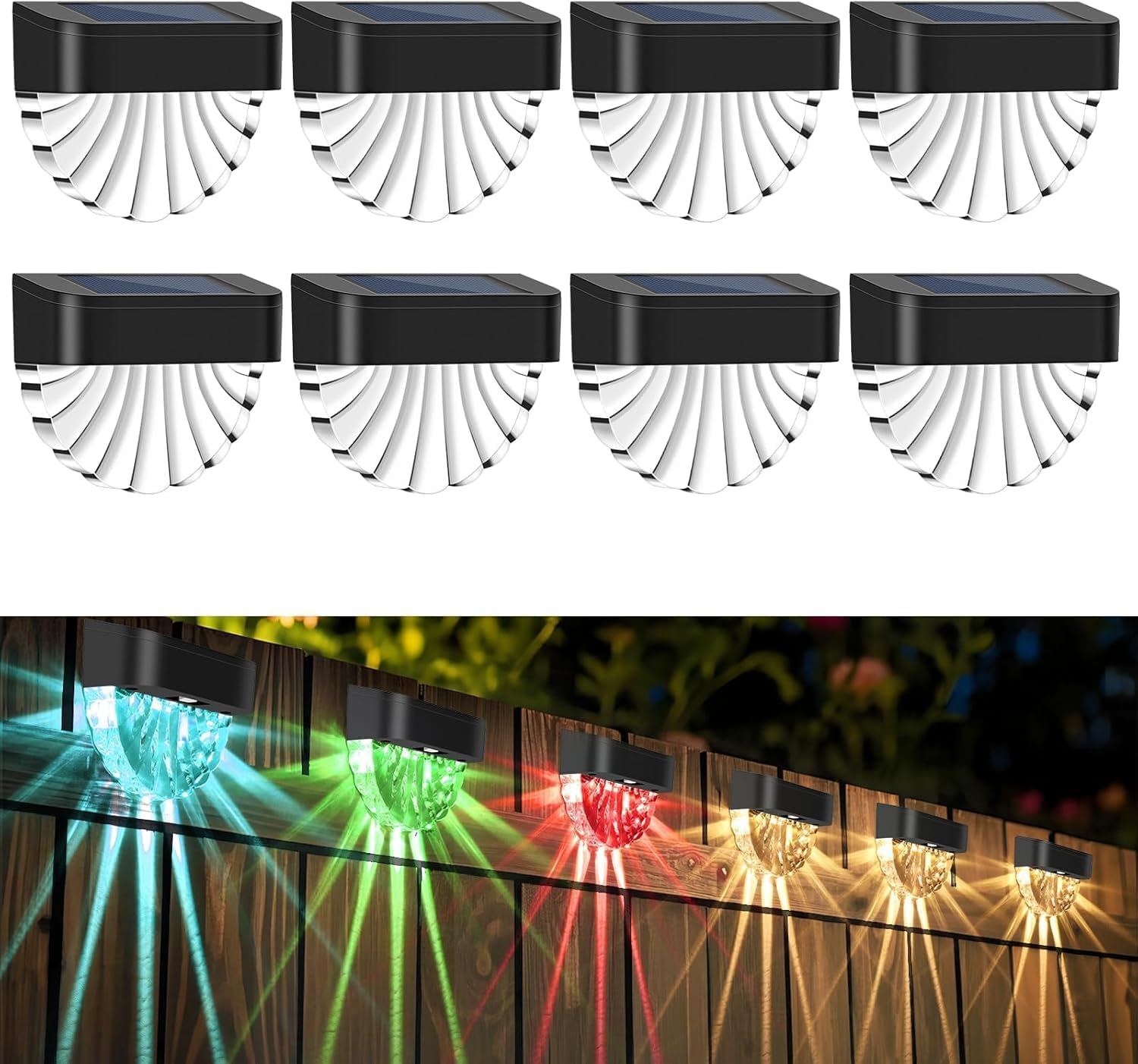 Solar Lights Outdoor, 8 Pack Solar Fence Lights Outdoor Waterproof, 2 Lighting Modes Solar Wall Light for Outdoor Stairs, Step, Fence, Yard, Patio and Pathway, Warm/Multicolor