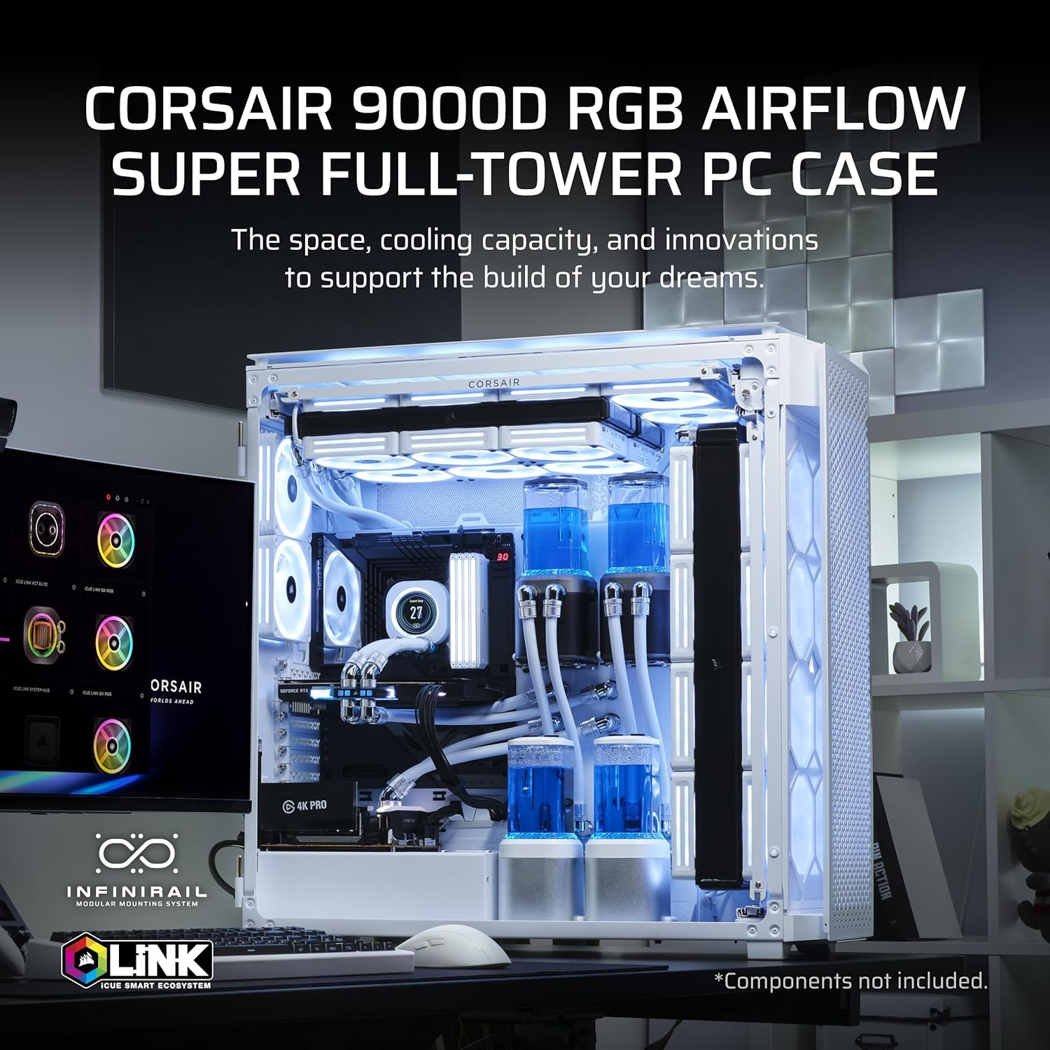 CORSAIR 9000D RGB Airflow Super Full-Tower PC Case &ndash; Fits up to 18X 120Mm, 7X 140Mm, or 4X 200Mm Fans &ndash; Infinirail&trade; Fan Mounting &ndash; Icue Link System Hub Included &ndash; No Fans Included &ndash; White - Black image number 6