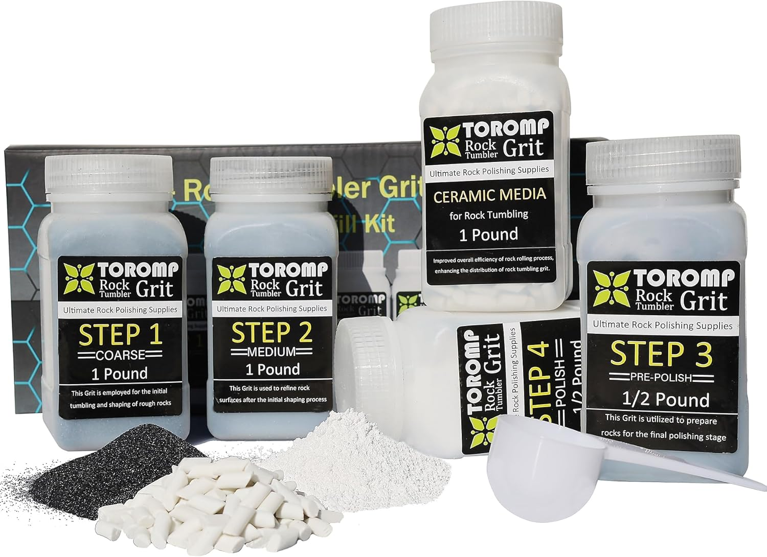 Toromp 4 LBS Rock Tumbler Grit and Polish Refill Kit and Ceramic Tumbling Filler Media - Tumbling Grit Media, Polish up to 20 Lbs. of Rocks, Works with Any Rock Polisher & Tumbler Supplies&hellip; image number 1