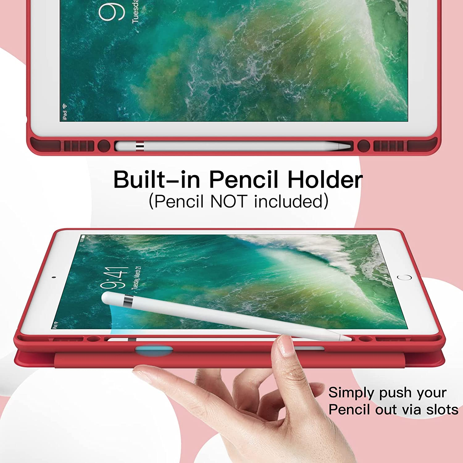 Jetech Case for Ipad Pro 12.9 Inch (2015/2017 Model, 1St/2Nd Generation) with Pencil Holder, Slim Tablet Cover with Soft TPU Back, Auto Wake/Sleep (Red) - Red image number 4