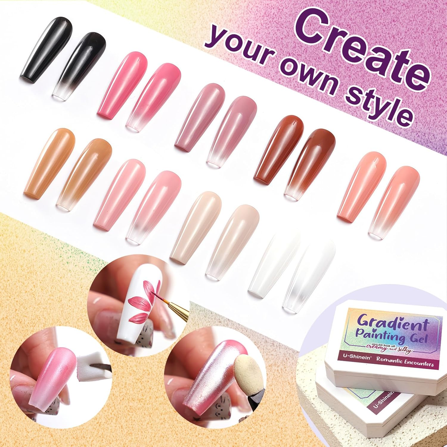 U-Shinein Gradient Painting Gel, 9 Colors Ombre Gel Nail Polish for Ombre Nails Aura Nails, French Manicure DIY Nail Art,Palette B image number 4