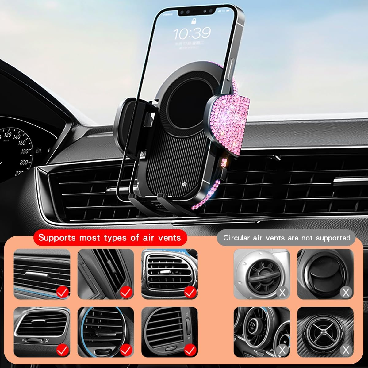 Bling Phone Holders for Car Women[Powerful Suction] [Rally Racing-Grade Stability] Sparkle Car Phone Holder Mount Dashboard Windshield Vent for Iphone All Phones (Pink Rhinestone) - Black image number 6