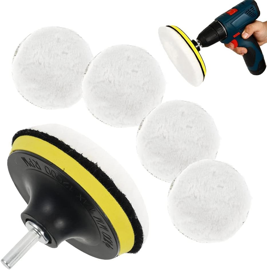 5Pcs Polishing Pads 4 Inch Wool Polishing Pads & Buffing Pads, Car Polishing Bonnets Lambs Wool Buffer Pads Wool Hook and Loop Buffing Pad Car Polishing Pads Kit with 1Pc Screw 1Pc Plastic Tray image number 2