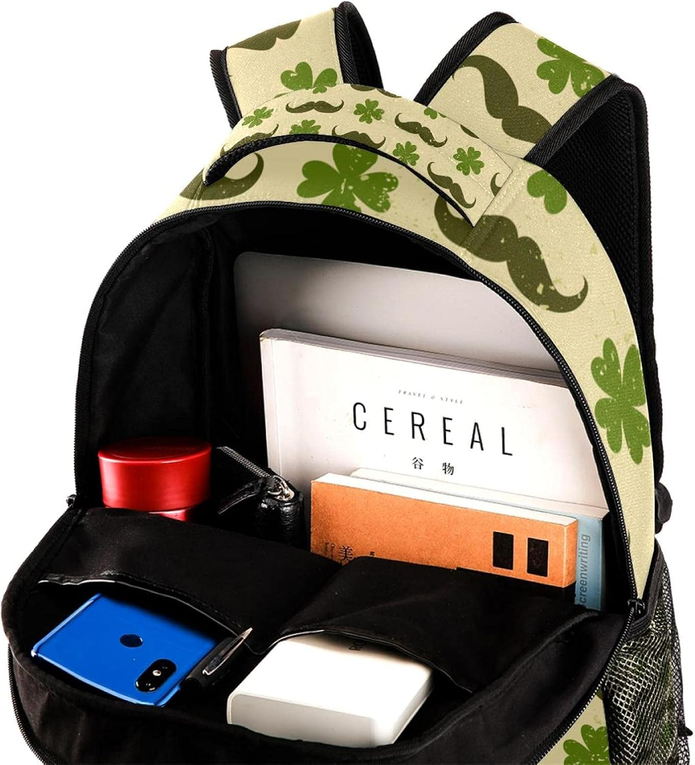 St. Patrick'S Day with Four Leaf Clovers and Mustaches Backpack Students Shoulder Bags Travel Bag College School Tote Backpacks image number 1