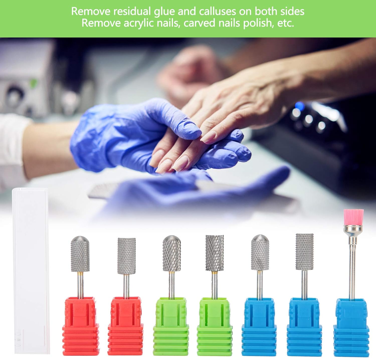 7Pcs Nail Drill Bits Set, 3/ Inch Electric Manicure Multi Functional Grinding Head, 6Pcs Tungsten Carbide Drill Bits, for Nail Polishing, Silver (2Xc & 2Xm & 2Xf & 1Pcs Brush) image number 2