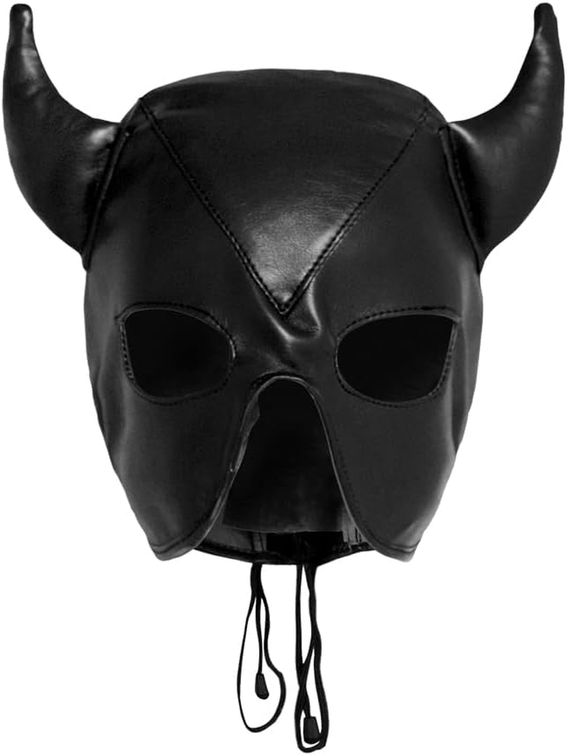 PU Leather Horn Full Cover Hood Mask Opened Mouth Show Eyes Face Mask Adjustable Lace-Up Hood Headgear Halloween Cosplay Fancy Dress Eye Mask Night Club Dress up Costume for Couple Games Carnival image number 1