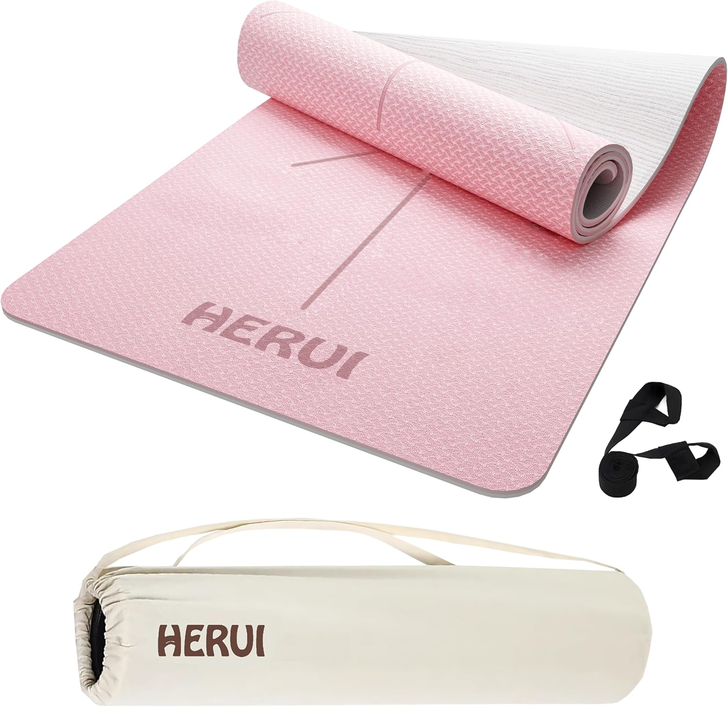 HERUI Yoga Mat with Alignment Lines - Anti-Slip TPE Exercise Mat for Yoga & Pilates - 183CM X 61CM X 6MM - Includes Carry Bag, Perfect for Beginners & All Levels