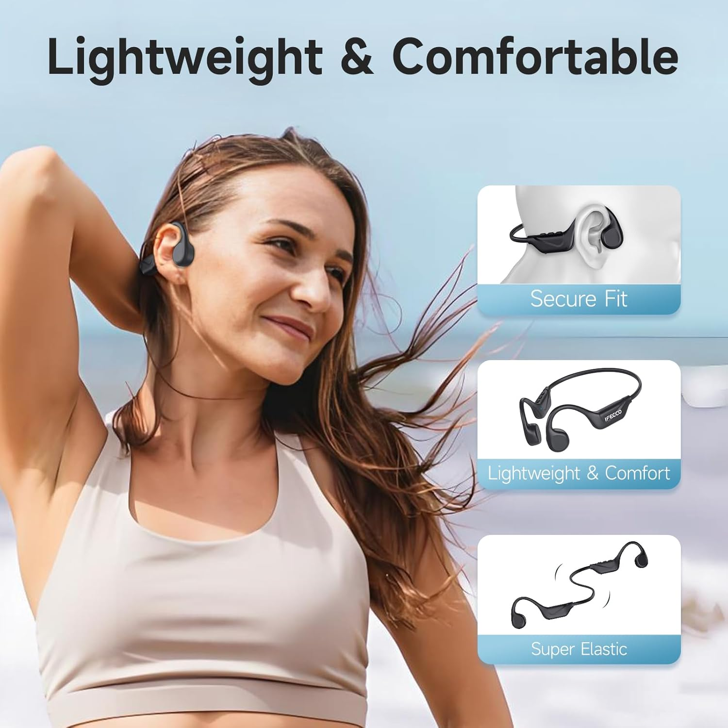 IFECCO Bone Conduction Headphones Bluetooth 5.4 - IPX5 Waterproof Bone Conduction Earbuds with Mic,Open Ear Wireless Sport Headphones for Cycling Running Hiking Bicycle image number 4