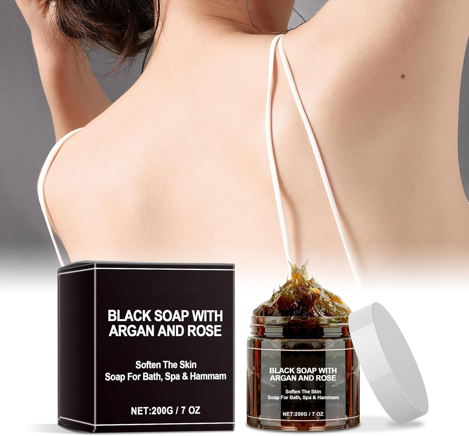 Black Soap with Argan and Rose, Exfoliating Body Cleanser, Gentle Cleansing, 100% Natural, Hydration & Moisturizing, Soften the Skin, Black Soap for Bath, Spa & Hammam, Fresh Fragrance (1Pcs) image number 3