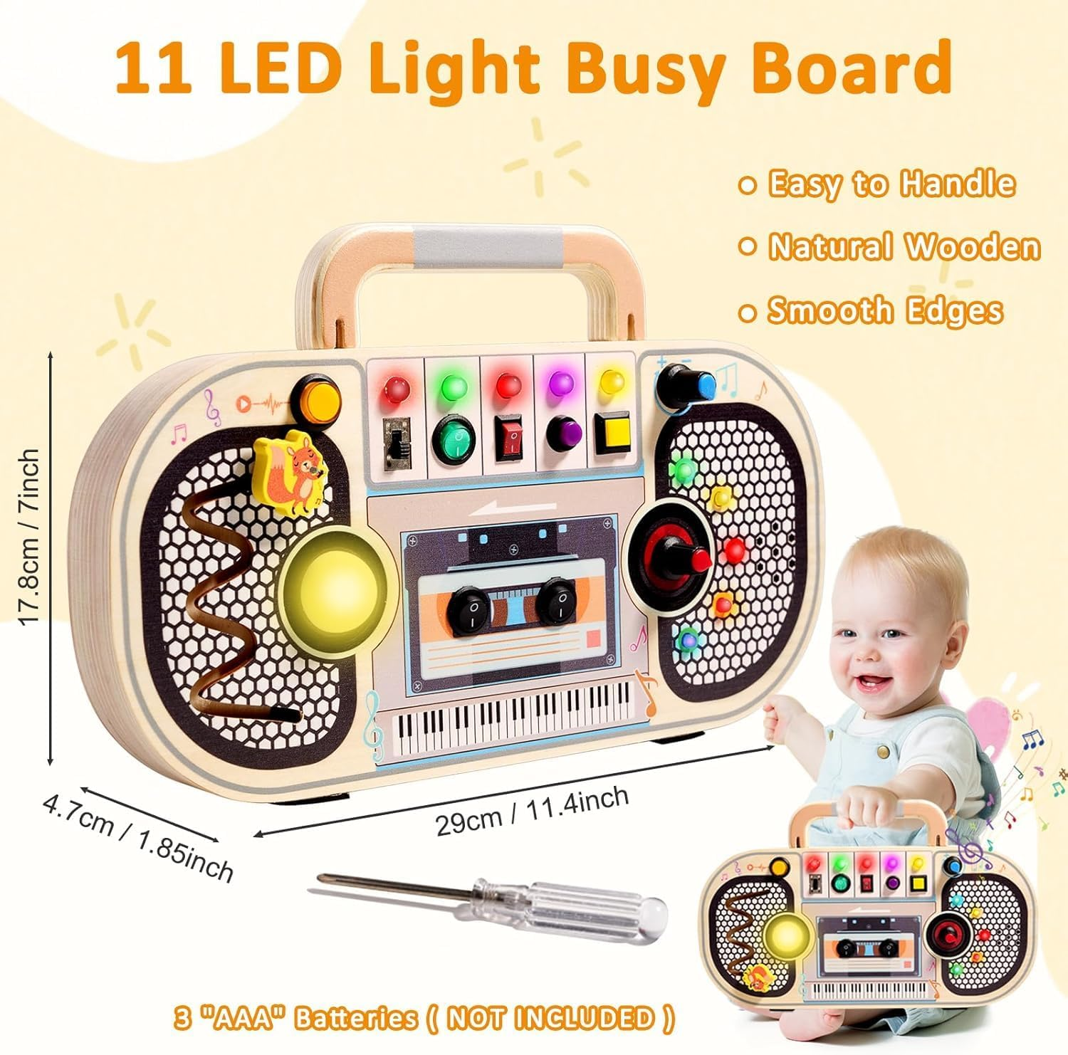 Uandhome Montessori Busy Board Toys for 3 Year Old,Wooden Sensory Sensory Toy with Musical LED Lights Switches Motor Skills Developmental Early Educational Travel Baby Toddler Birthday Gifts image number 4