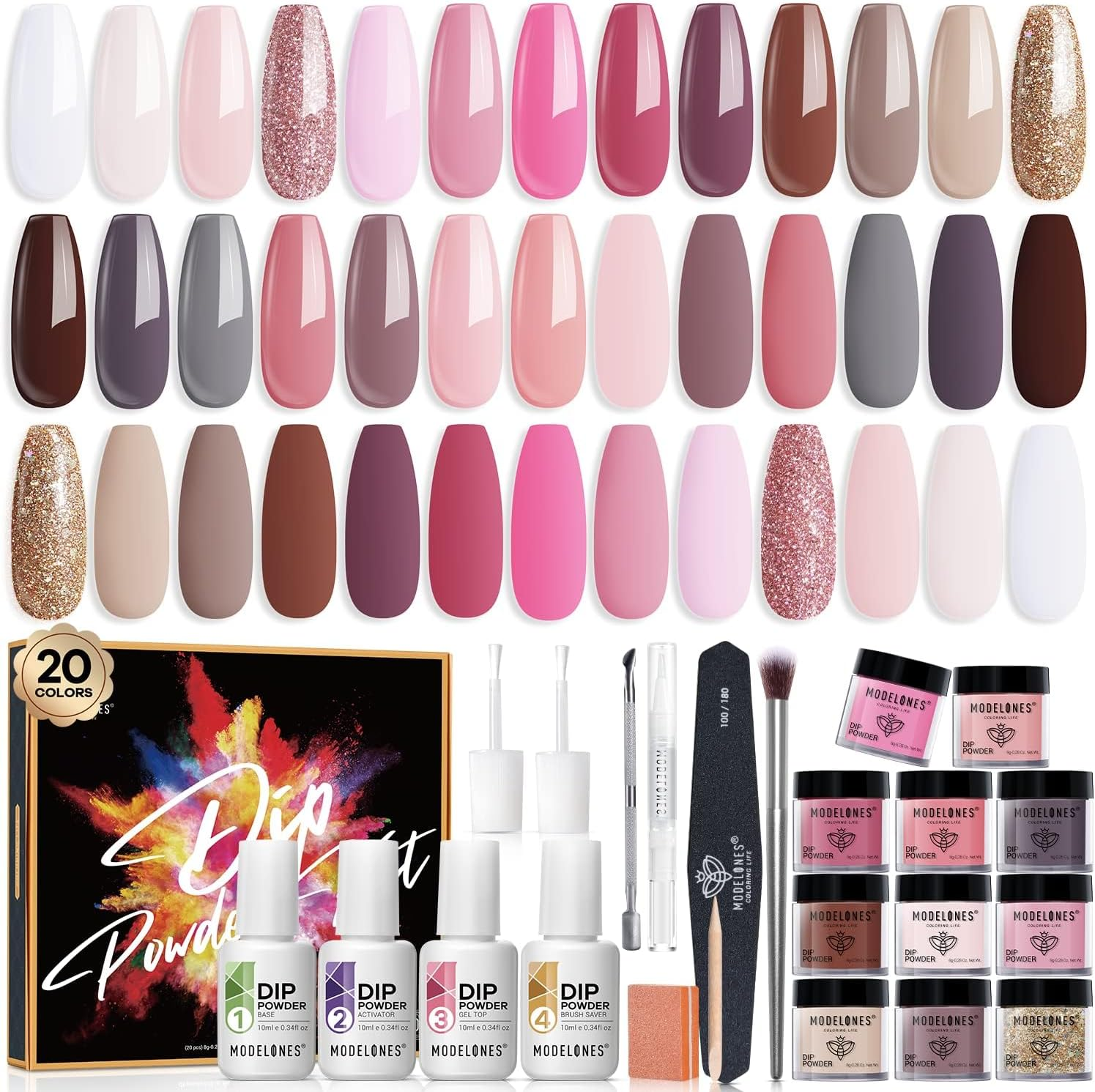 Modelones 32 Pcs Dip Powder Nail Kit Starter, 20 Colors Nude Pink Skin Tone Glitter All Seasons Dipping Powder Essential Liquid Set with Base Top Coat Activator for French Nail Art Manicure DIY Salon All-In-One Beginner Kit Gift image number 3