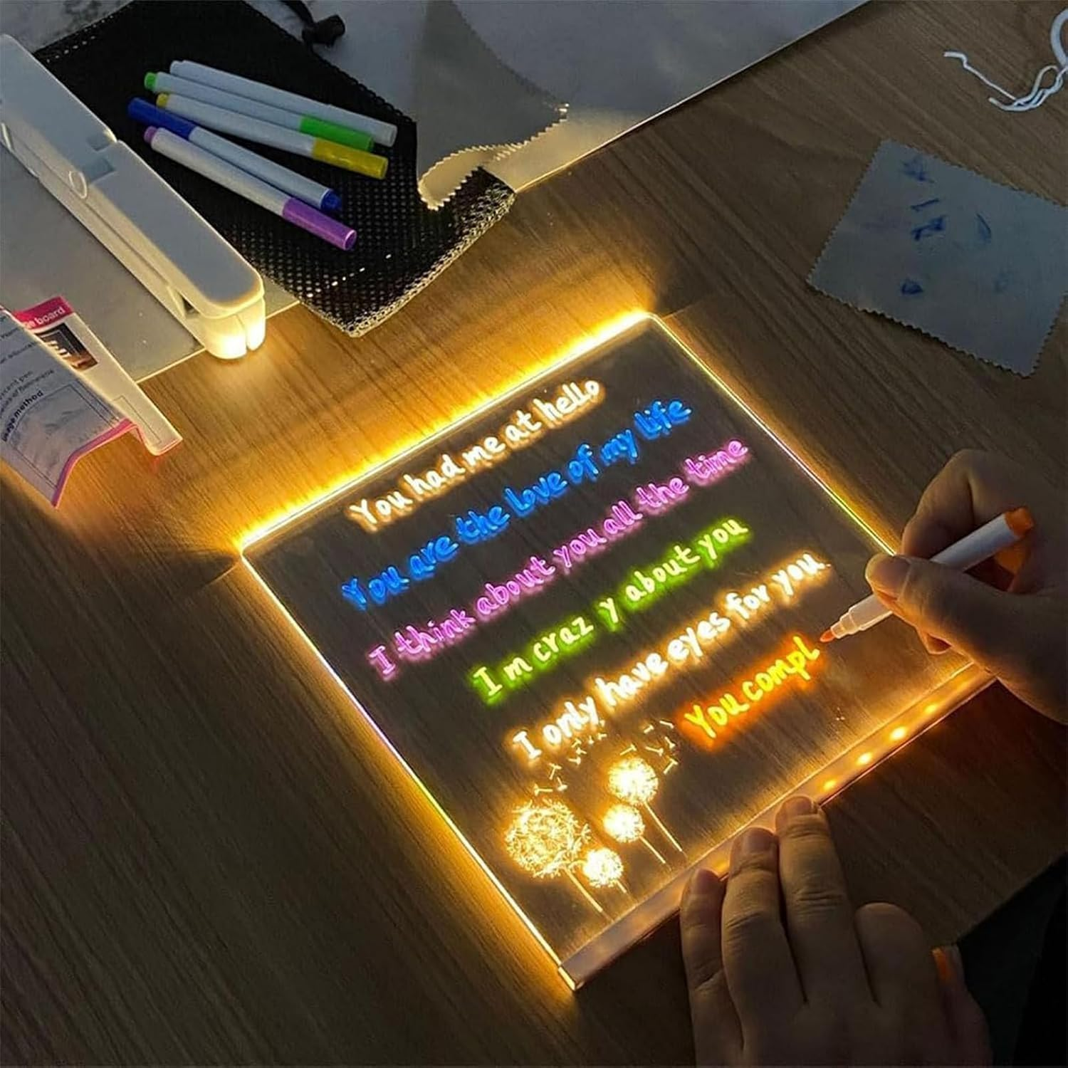 Luminous Acrylic Message Board, DIY Erasable Acrylic Luminous Writing Board, Led Note Board with Colors, Light up Drawing Board for Kids with Stand and 7 Markers for Planning, Drawing (20 * 30Cm) image number 6