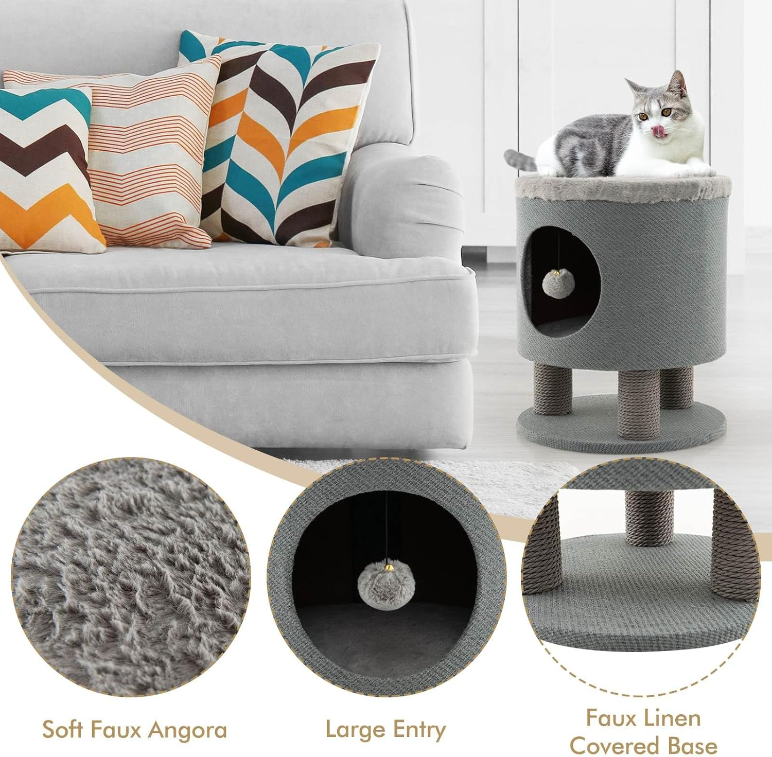 Costway Cat Condo Stool, Cat House Stool, Cat House Cube, Enclosed Cat Shelter, Small Cat Tree, Cat Furniture Bed with Scratching Post, Multipurpose Cat House (Grey, 40 X 40 X 47 Cm (L X W X H)) image number 5