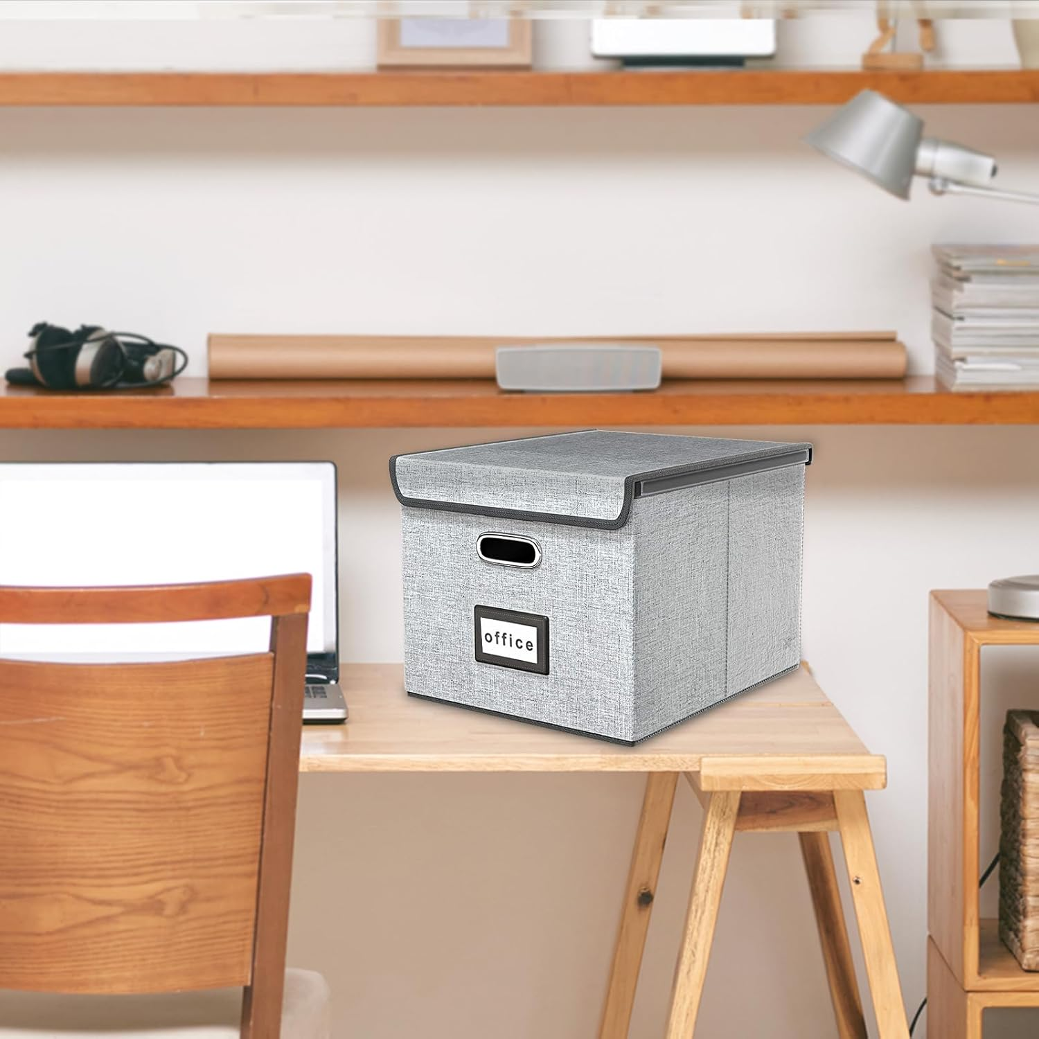 Upgrade Portable Document Organizer Box, Large Linen Hanging Office Document Storage Box with Lid-Grey, Office/Decorative/Home Foldable Document & Box 14.9 X 12.7 10.8 Inches