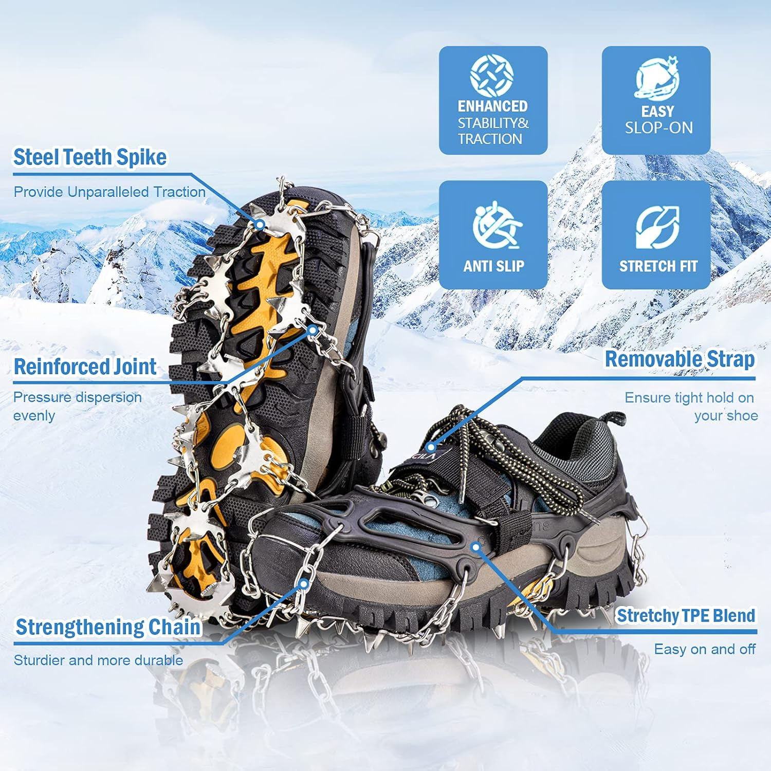 26 Spikes Crampons, TIMINGILA Ice Cleats Traction for Hiking Boots Shoes Women Men Kids, Traction Snow Grips for Hiking Fishing Walking Climbing Mountaineering image number 2
