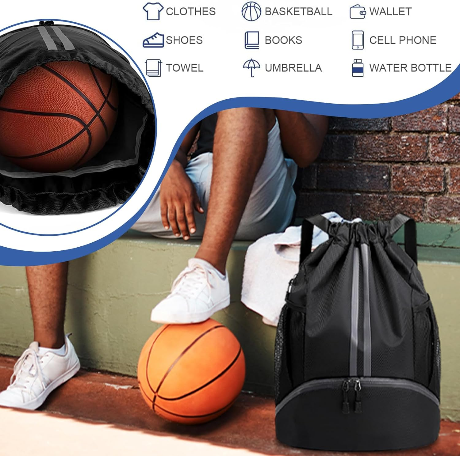 Sports Ball Bags with Dry Wet Separation Shoe Compartment, Water Resistant Drawstring Gym Bag Backpack, Side Mesh Pockets Gym Bag, Cricket Football Rugby Basketball Volleyball Backpack
