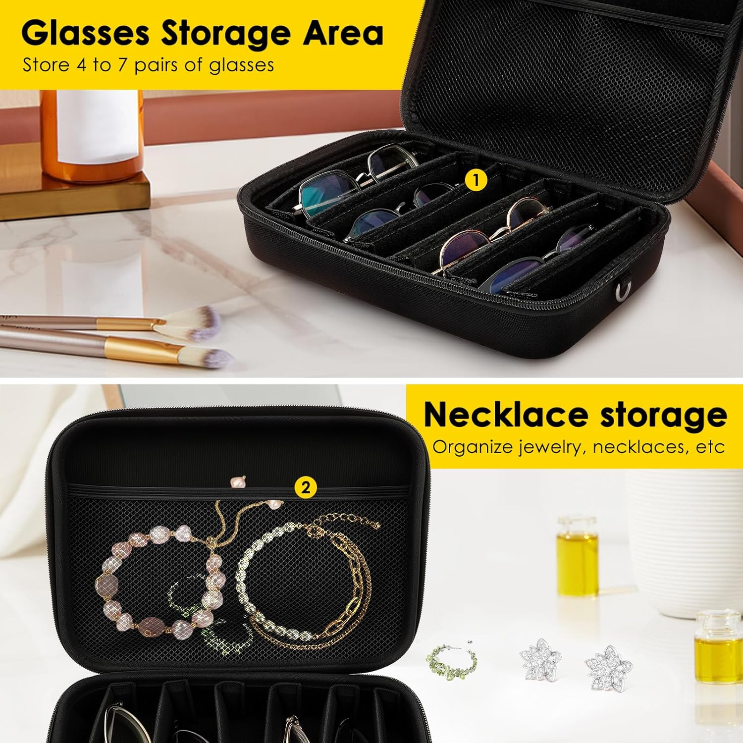 Awobepl Travel Sunglasses Organizer Case, Adjustable Slot Hard Shell Eyeglasses Storage Box with Zipper for Men Women Multiple Pairs image number 2