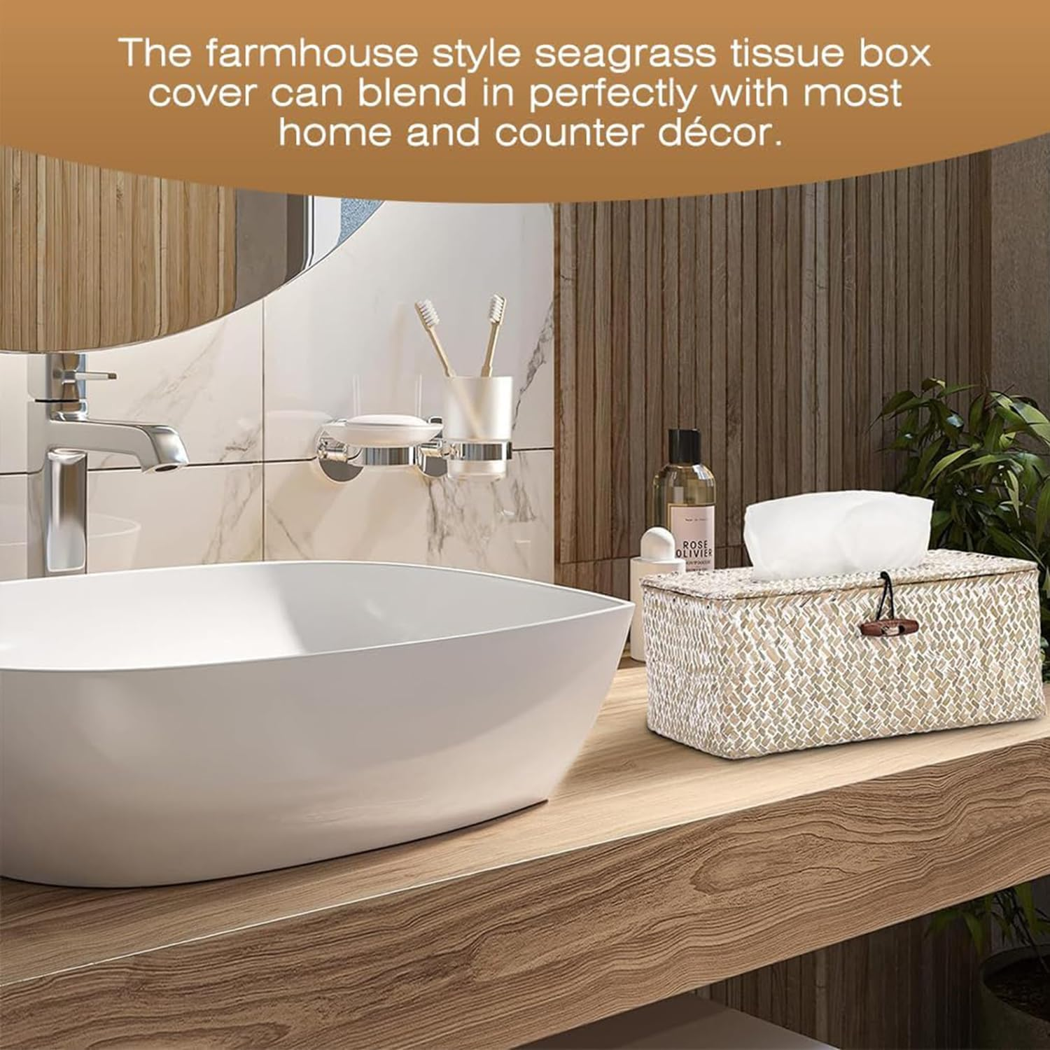 Vintage White Rectangular Seagrass Tissue Box Cover, Country Rustic Style image number 1