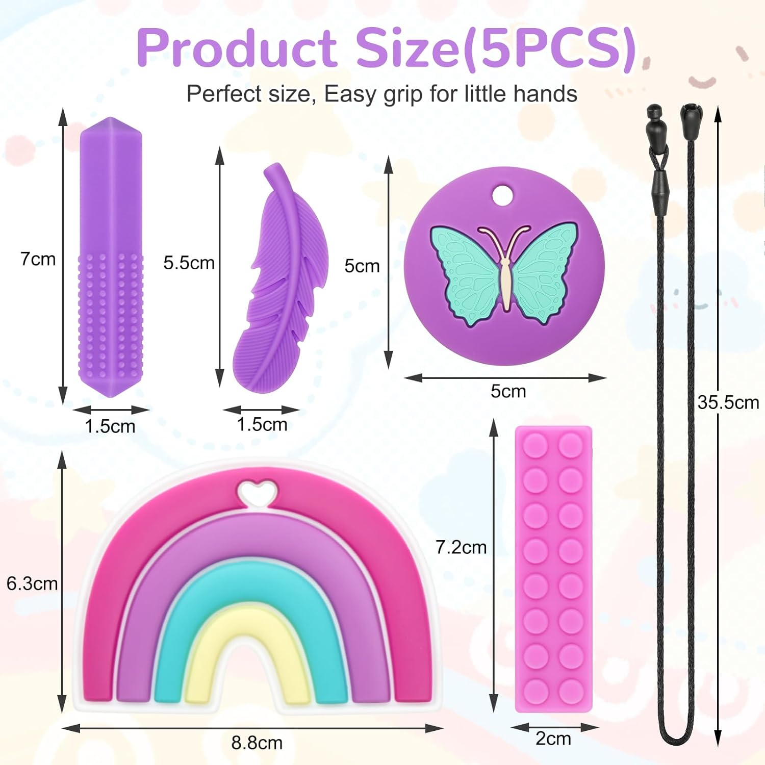 MR.TIMELAG Chew Necklaces for Adults and Babies - Butterfly 5-Piece Set, Bpa-Free Silicone Sensory Chew Necklaces for Anxiety Relief, Easy to Hold, with Massage Blocks to Relieve Teething Pain image number 6