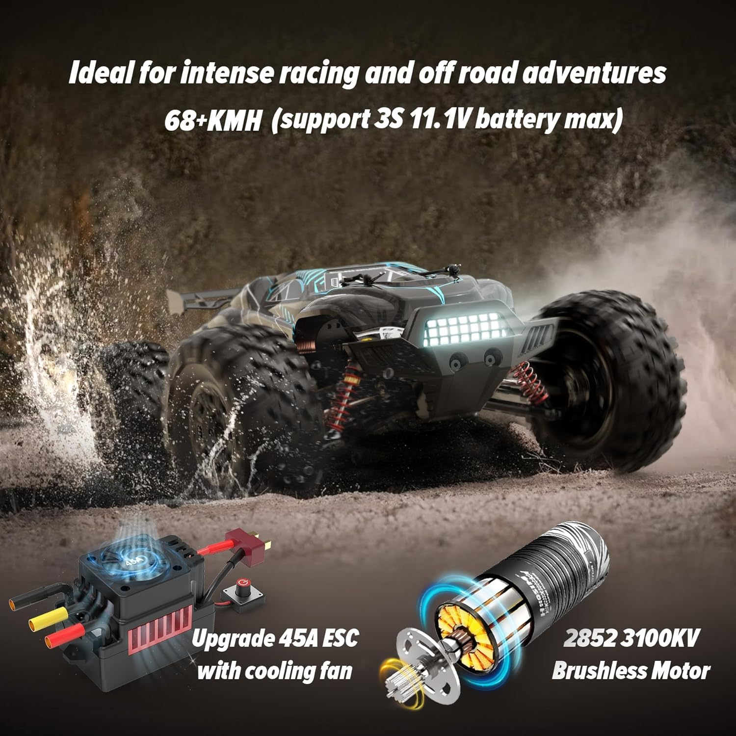 Hosim 1:10 Brushless RC Car for Adults 68+Km/H, 2 Pack 2600 Mah Batteries Fast Remote Control Car, 4WD All Terrain Rc Truck off Road Waterproof Hobby Grade Large Racing Buggy Toy Gift Monster Trucks image number 5