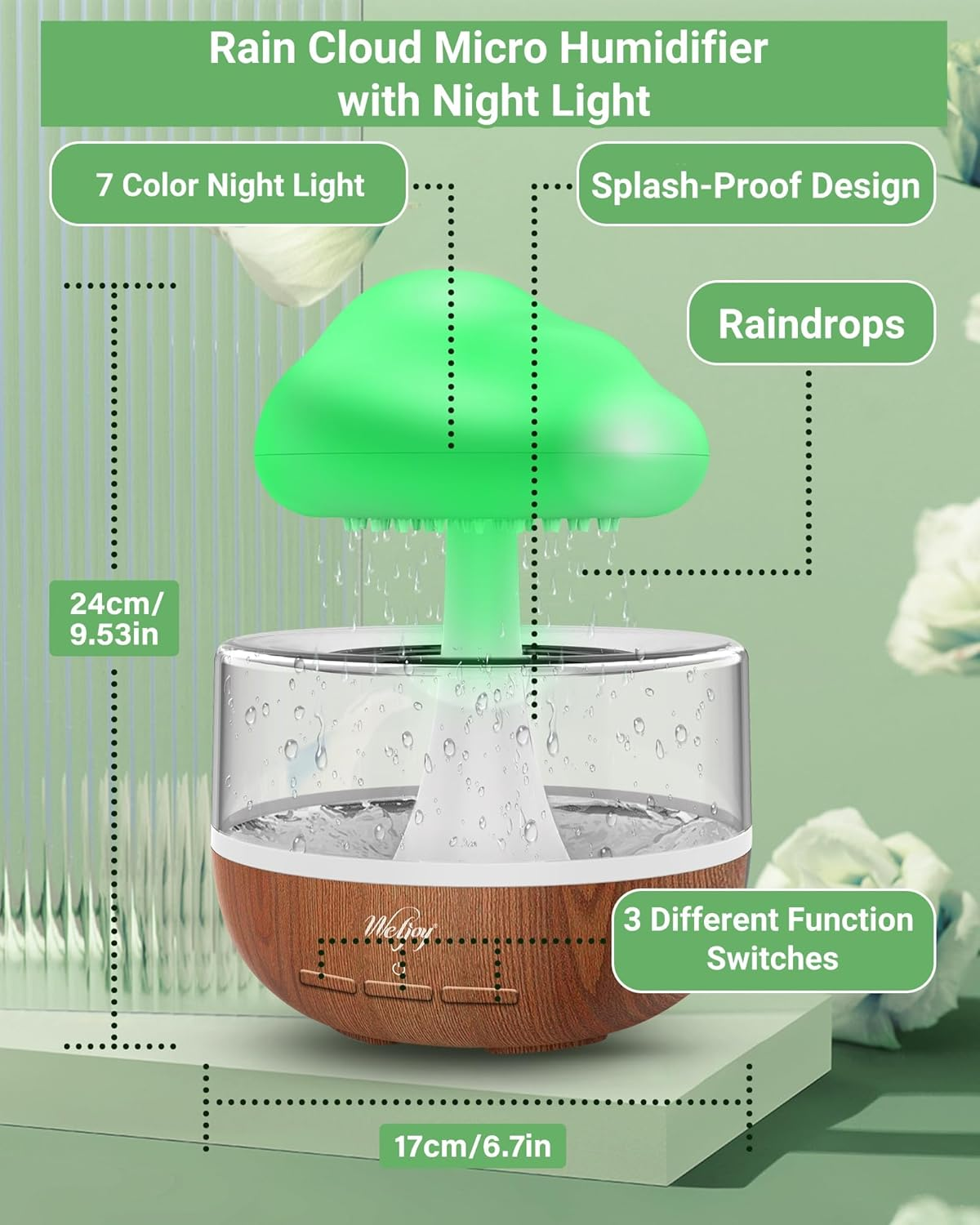 Weljoy Zen Raining Cloud Night Light Aromatherapy Essential Oil Diffuser Micro Humidifier Desk Fountain Bedside Sleeping Relaxing Mood Water Drop Sound (Light Wood Pattern) - Light Wood Pattern image number 6