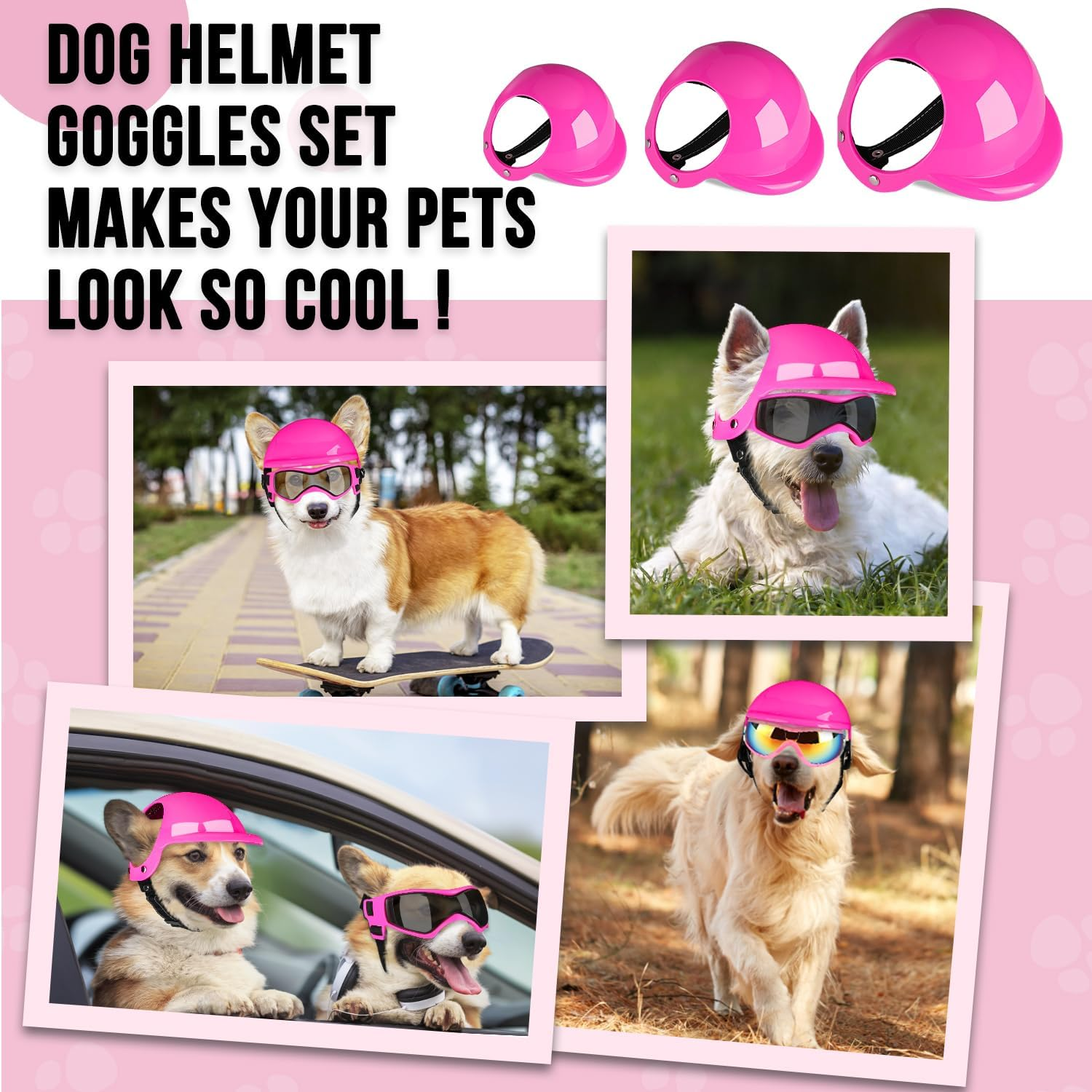 Slowton Pet Dog Helmet Goggles Set, Dust Wind UV Protection Dog Sunglasses, Pet Motorcycle Helmet Drop Resistant Hard Safety Hat with Ear Holes & Adjustable Belt, Eye Head Protection for Biking Riding image number 1