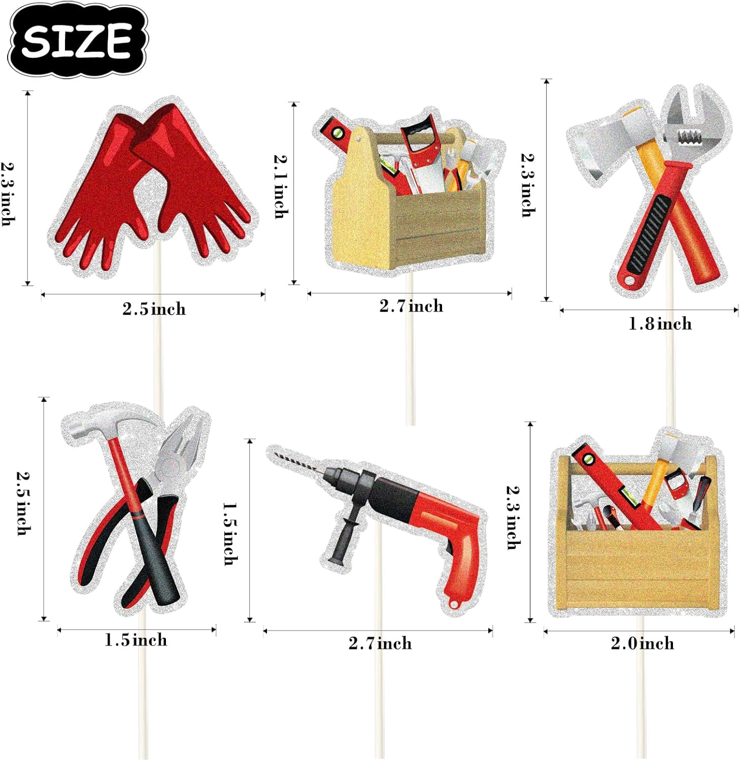 18Pcs Tools Cupcake Cake Toppers, Drill Tape Measure Handsaw Plier Wrench Toolbox Hammer Mechanic Screwdrivers Cupcake Picks,Tools Birthday Party Decorations image number 4