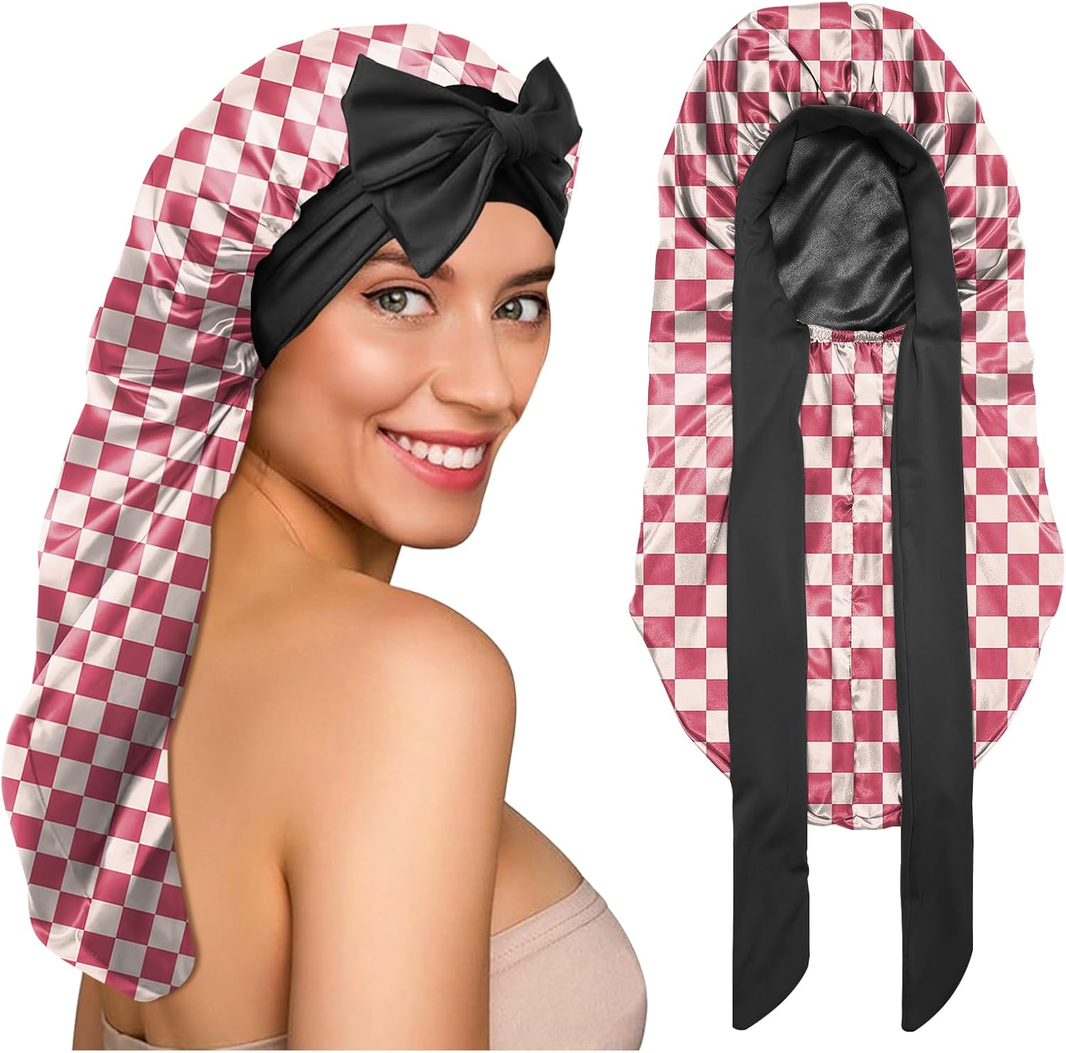 BHAHB Silk Feeling Long Satin Bonnet for Sleeping Adjustable Double Layer Elastic Reusable Long Hair Caps Cute Women Girls